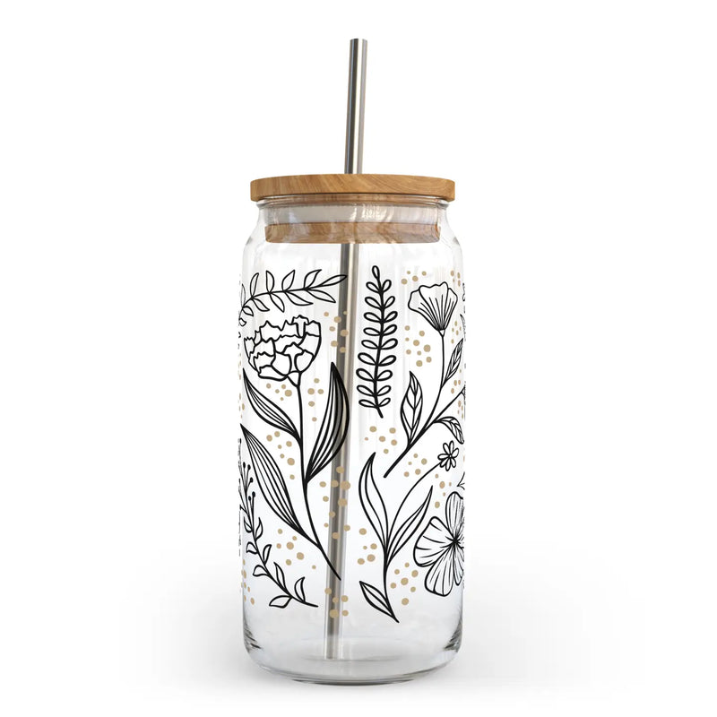 Floral Line Art Glass Can W Bamboo Lid | Glass Can