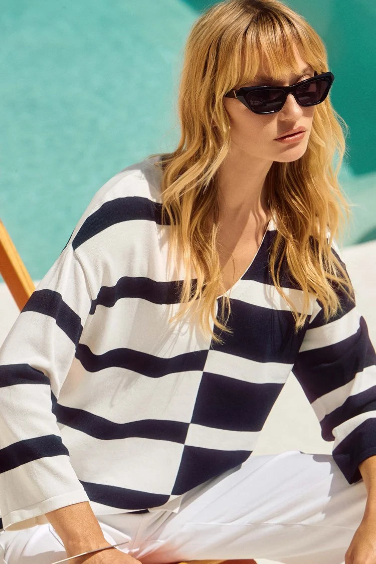 Joseph Ribkoff- Striped Sweater V- Neck Pullover