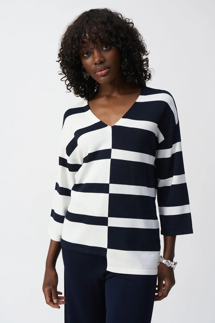 Joseph Ribkoff- Striped Sweater V- Neck Pullover